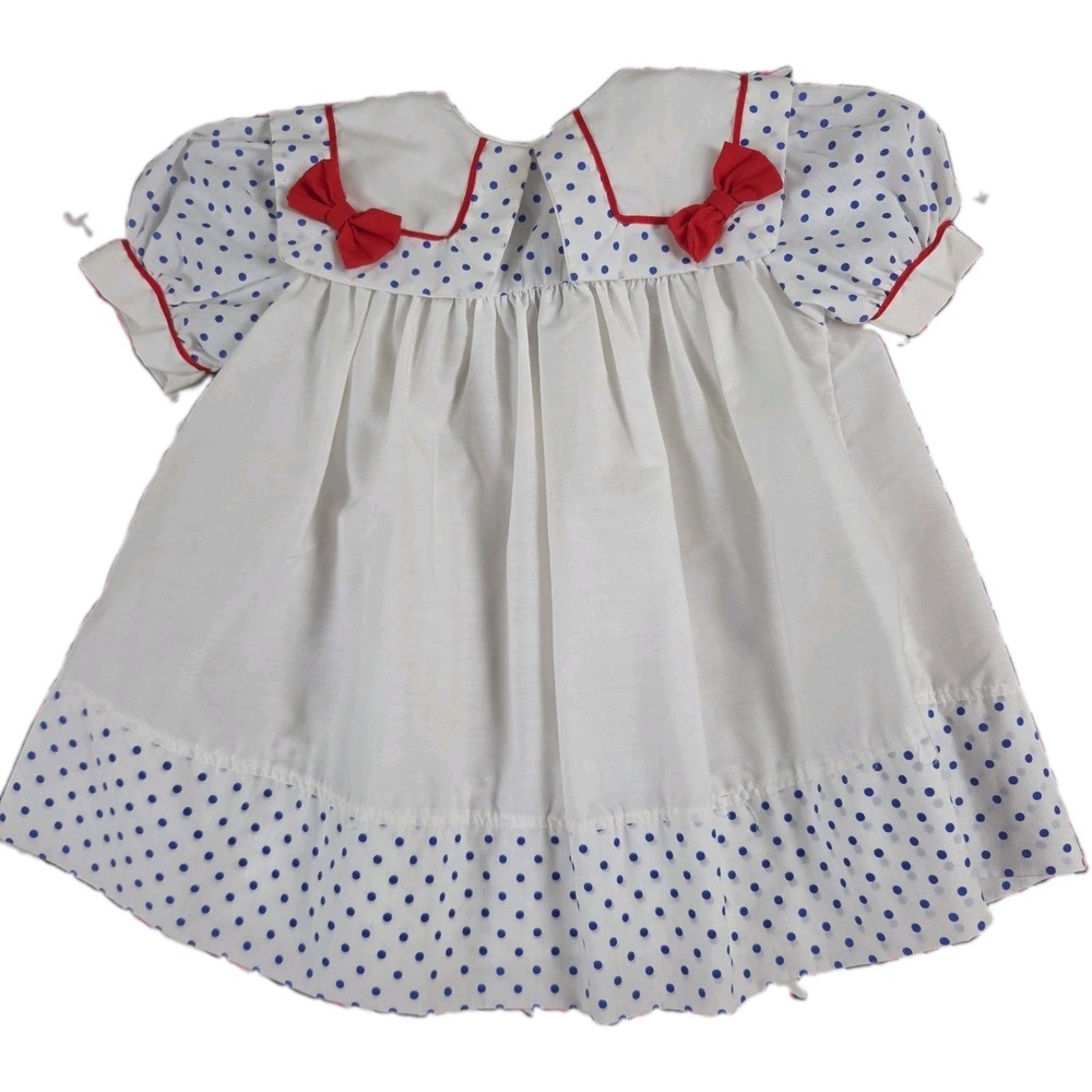 Vtg Toddler Dress 18 Months White W/ Red Bows & Blue Polka Dots Nautical